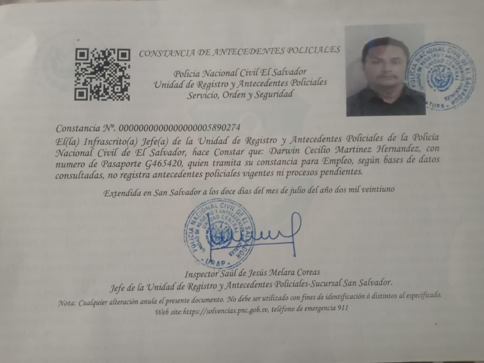 Registro de antecedentes penales de Darwin Martínez.