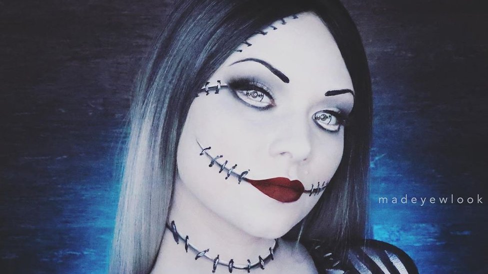 YouTuber Madeyelook paints herself as the female Jack Skellington for a video