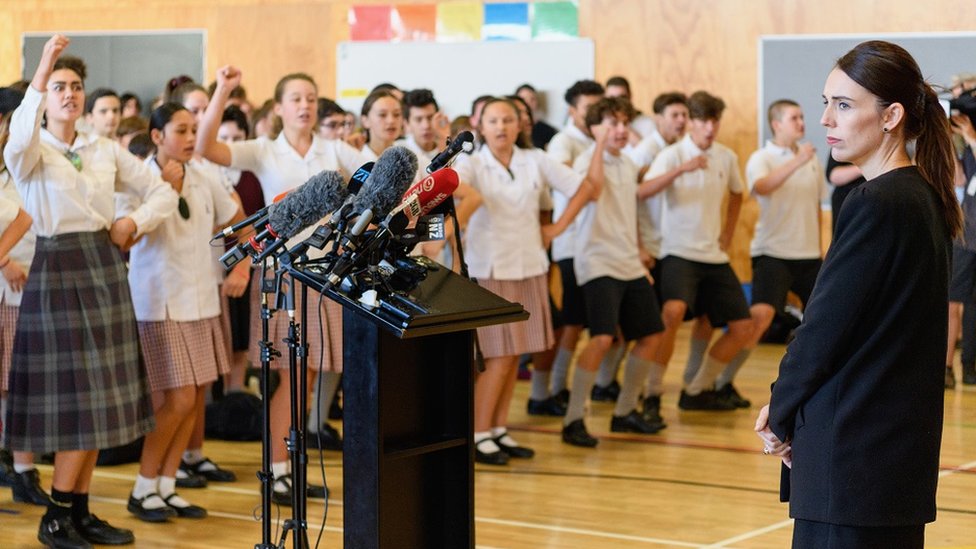 Students at Cashmere High School - which lost two students at the mass shooting - perfom a Haka for the prime minister during her to the school