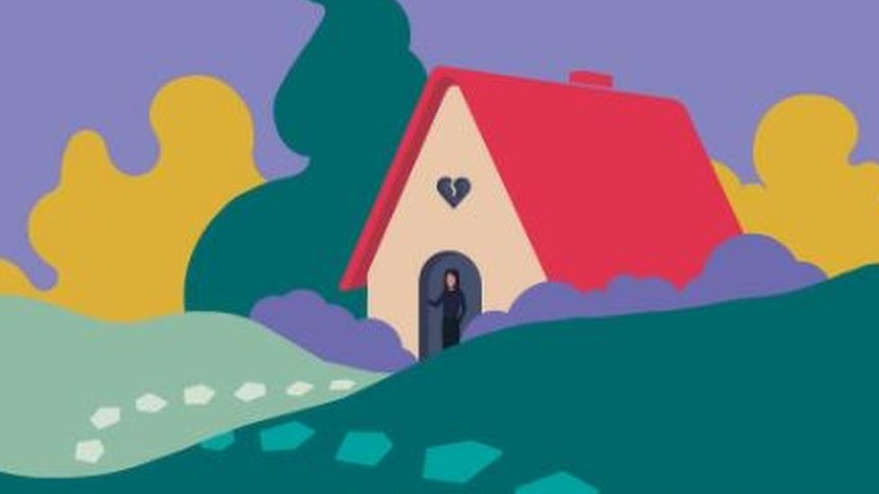 An illustration of a house in the countryside with a woman at the door and a broken heart above it