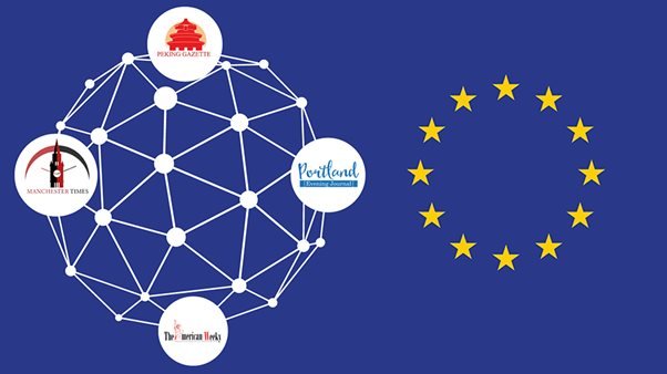 Графика, показывающая логотипы некоторых фейковых сайтов в сети рядом со звездами Европейского Союза