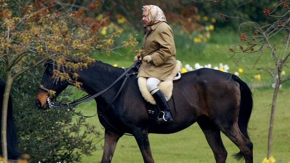 The Queen riding a horse in the grounds of Windsor Castle