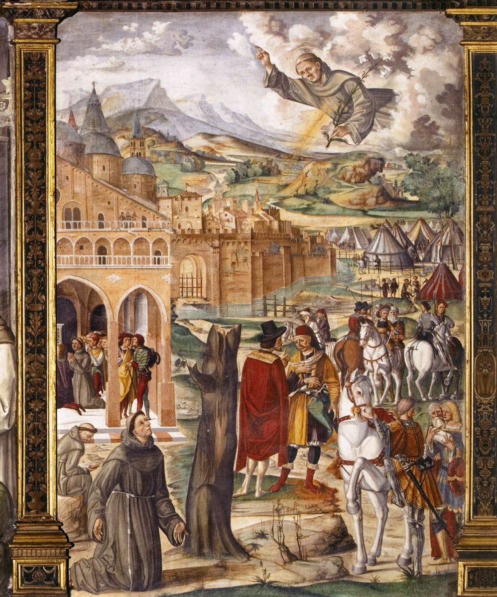 Afresco atribuído ao pintor Filippo da Verona e provavelmente feita em 1510 mostra Santo Antônio em aparição a seu confrade e seguidor Luca Belludi.