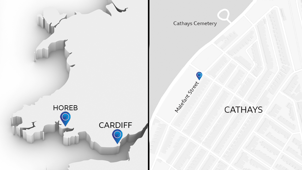 Карта с изображением Малефант-стрит в Кардиффе и Хориба в Кармартеншире, маленькой деревеньке, где было найдено тело Кэрол Энн Стивенс