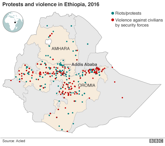 Карта протестов и насилия в Эфиопии в 2016 году