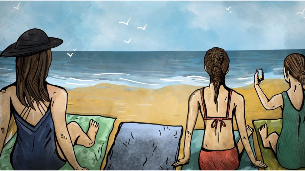 An illustration of Four Towels - there is one empty towel where Ian's family are sitting on the beach