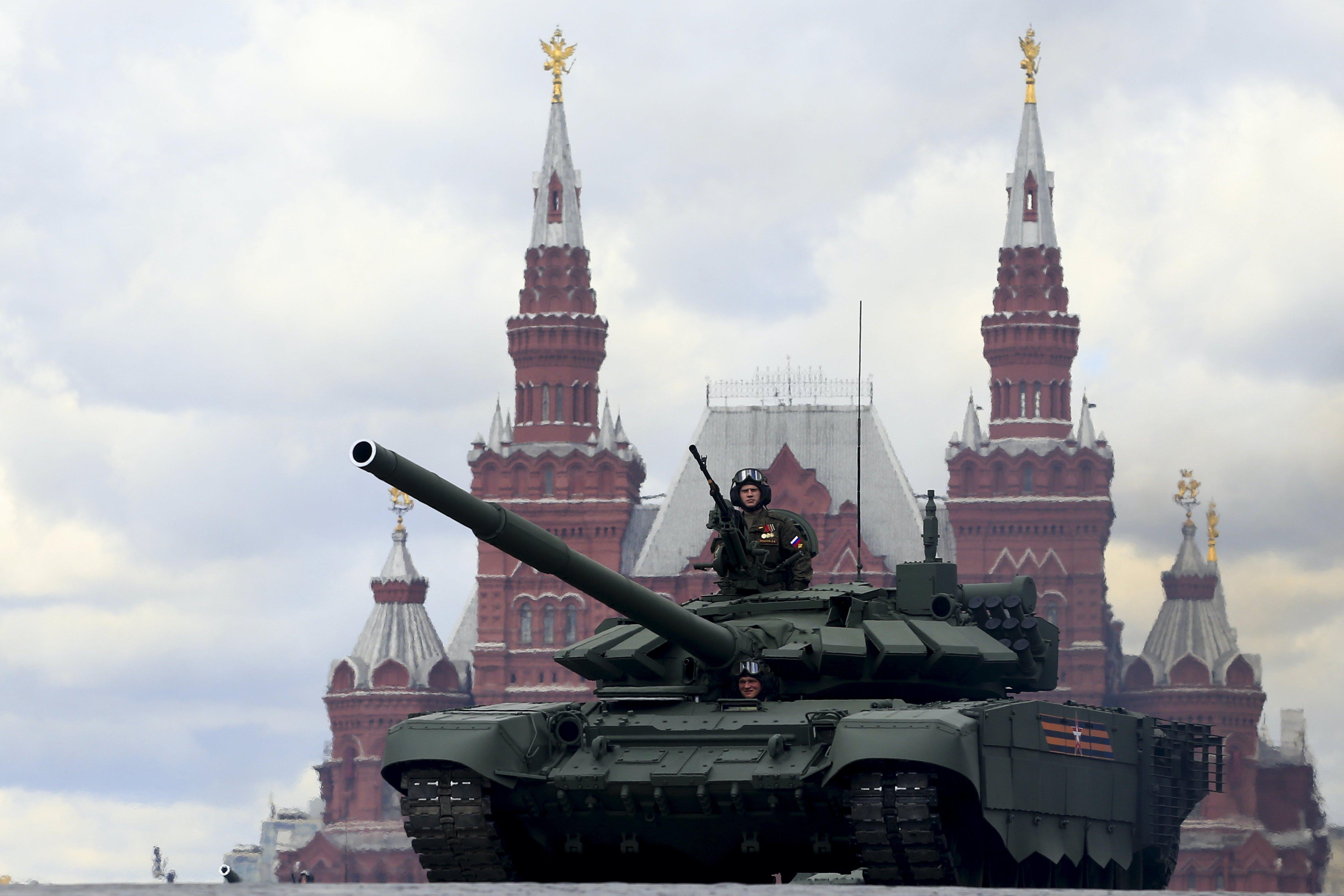 Russian military vehicle performs during a rehearsal for the Victory Day military parade at Red Square in Moscow, Russia on May 07, 2021.