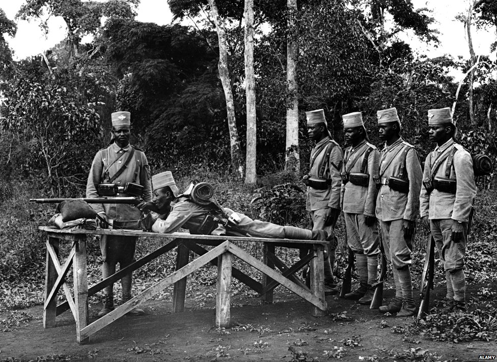 Askaris practice shooting World War I, Tanzania