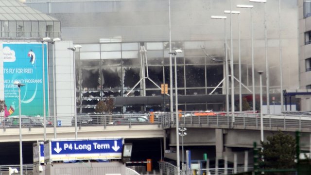 Smoke and broken windows at Zaventem airport in Brussels