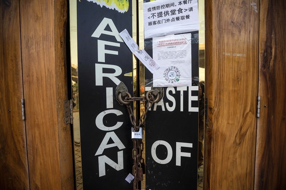 Closed African restaurant is seen in Guangzhou, Guangdong province, China, 13 April 2020.