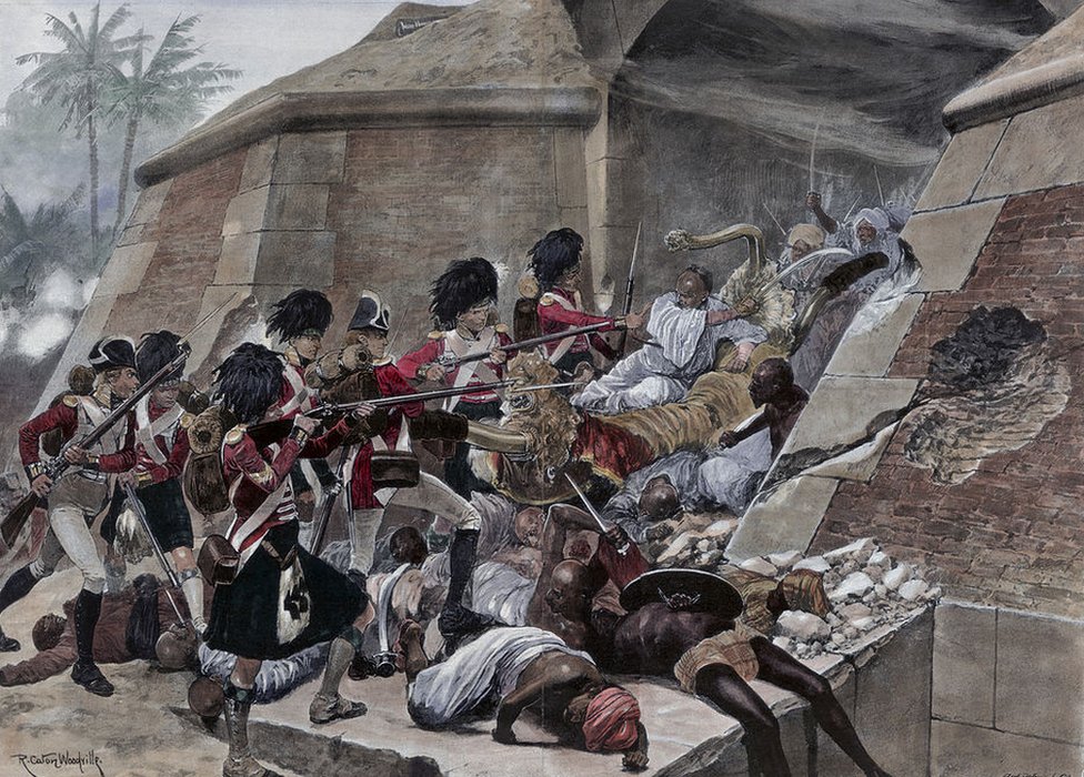 An illustration of the storming of Seringapatam resulting in the death of Tipu Sultan.
