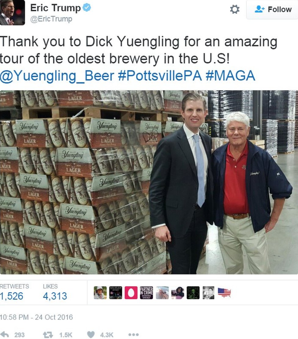 Твиттер Эрика Трампа, в котором говорится: «Спасибо Дику Юнлингу за удивительный тур по старейшей пивоварне в США!» - 24 октября 2016 г.