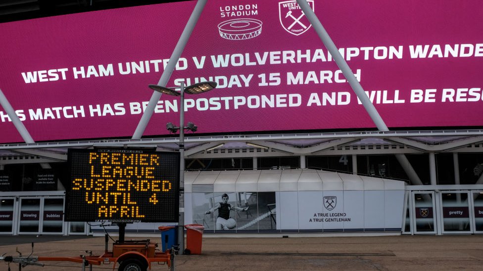 Sign outside the London Stadium showing the cancellation of matches