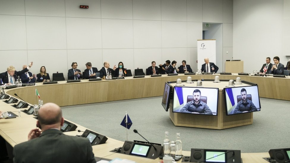 Una conferencia de video entre los líderes del G7 con el presidente Zelensky, Bruselas 24 de marzo de 2022