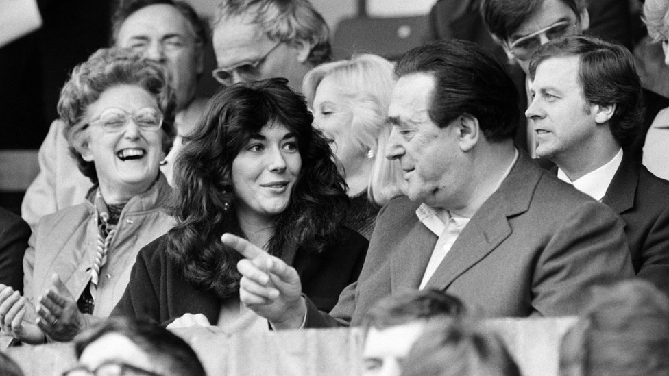 Robert Maxwell (right) and his daughter Ghislaine Maxwell (centre) at a football match. Photo: October 1984