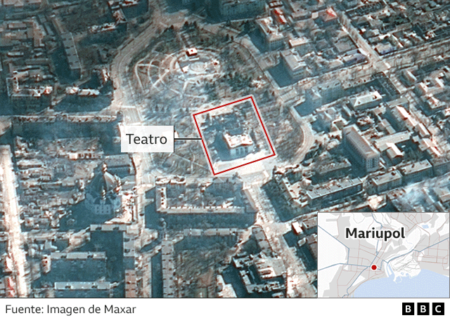Mapa de Mariúpol que muestra la ubicación del teatro bombardeado