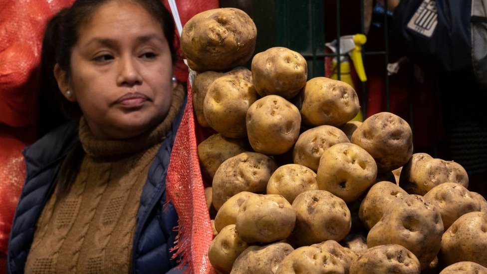 Mujer, junto a un montón de papas en un mercado peruano.