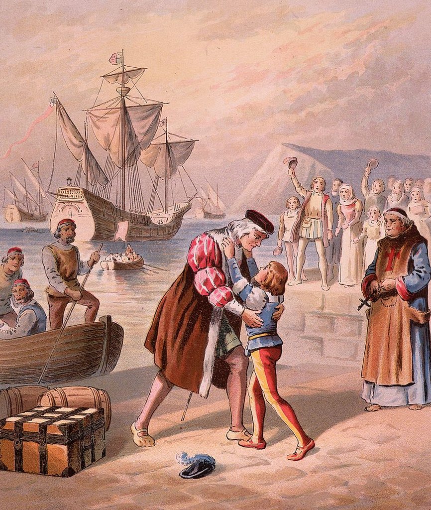 Illustration of Christopher Columbus with his son Diego.