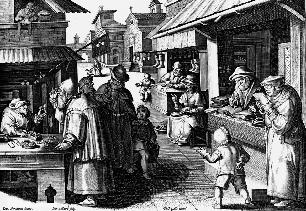 Ilustración mostrando varias personas vendiendo y usando gafas de circa 1600, hecha por Jan van der Straet.