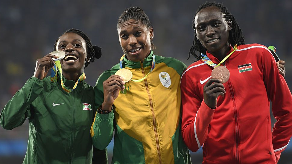 The women's 800m medal winners at Rio 2016 pose for a picture