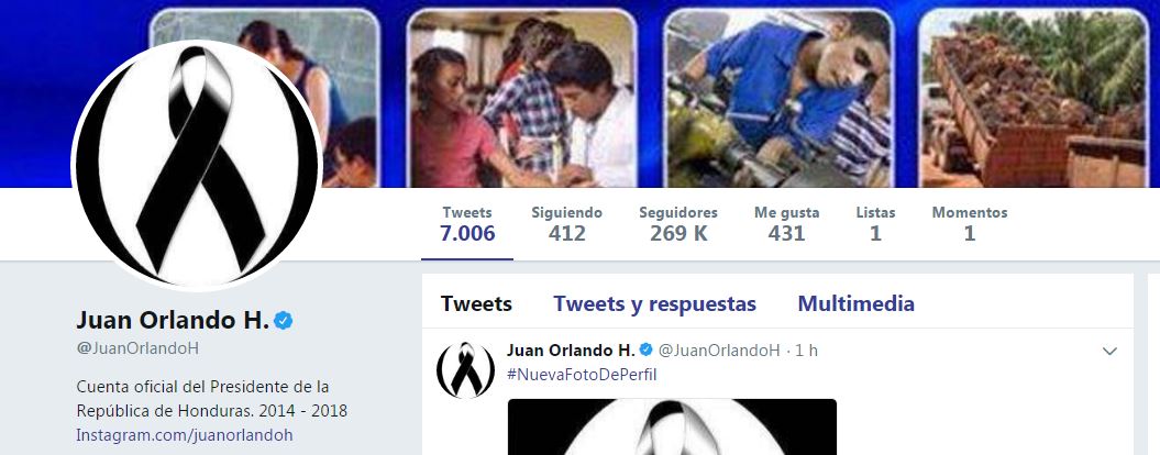 El presidente no ha hablado tras conocerse el suceso, pero cambió las imágenes de perfil en sus redes sociales por la de un crespón en señal de luto. tuit Foto: Twitter Juan Orlando Hernández