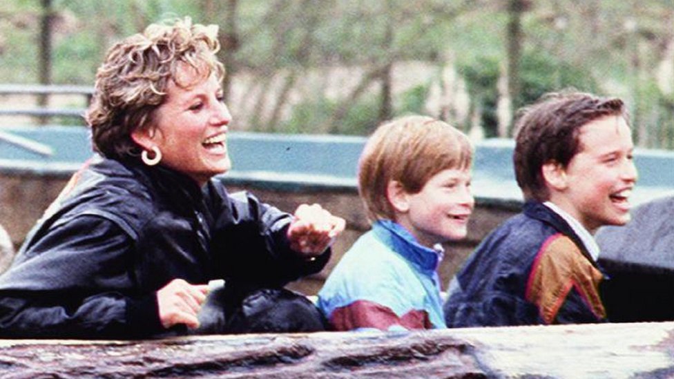 Diana, Princess of Wales with her sons in 1993 at Thorpe Park in Surrey