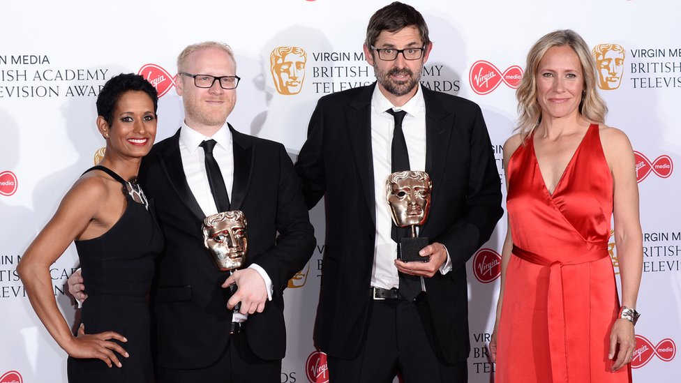Arron Fellows and Louis Theroux receive the best factual series Bafta in 2019 from presenters Naga Munchetty and Sophie Raworth