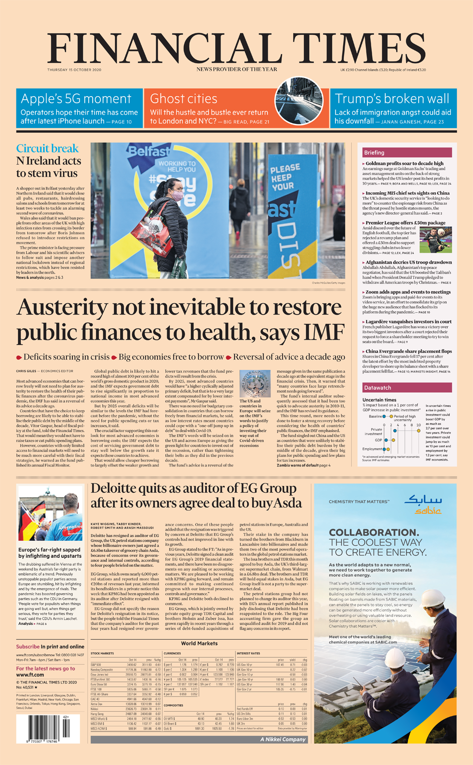 Financial Times front page 15/10/20