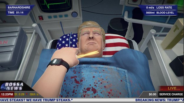 Снимок экрана Дональда Трампа из игры Surgeon Simulator, где победителю-республиканцу сделали операцию на сердце.