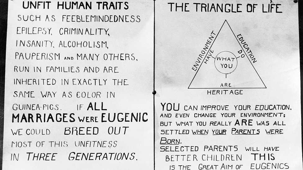 Uno de los carteles que usaba la American Eugenics Society, en el que explican que desde la epilepsia hasta la pobreza se heredan y que en el "triángulo de la vida" uno puede mejorar la educación, cambiar el entorno pero no puede hacer nada para mejorar la herencia. Uno de los carteles que usaba la American Eugenics Society