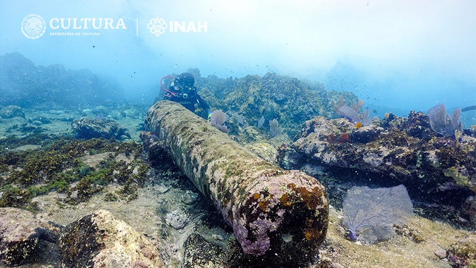 Вид на орудие затонувшего корабля, обнаруженного у берегов Мексики