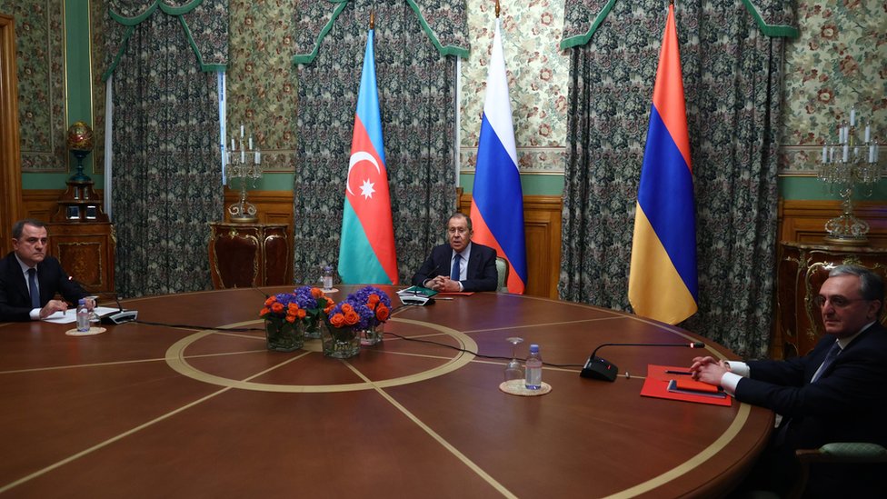 Armenian, Azeri and Russian foreign ministers at talks
