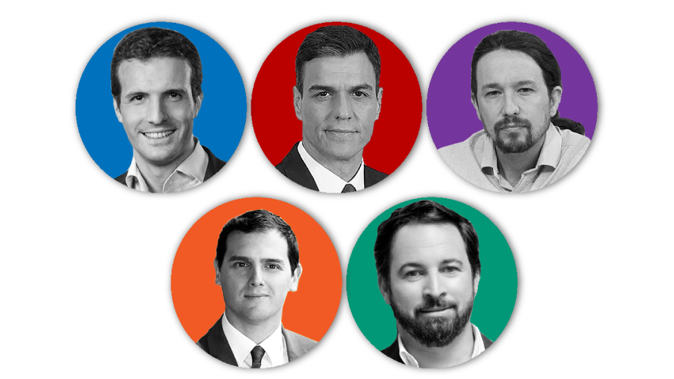 Los candidatos de los 5 principales partidos son Pablo Casado (PP), Pedro Sánchez (PSOE), Pablo Iglesias (Unidas Podemos), Albert Rivera (Ciudadanos) y Santiago Abascal (Vox).