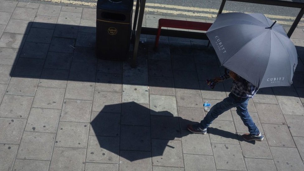 Pessoa se protegendo do calor com um guarda-chuva