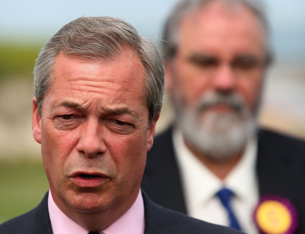 Лидер UKIP Найджел Фарадж изображен стоящим перед мистером Уэллсом