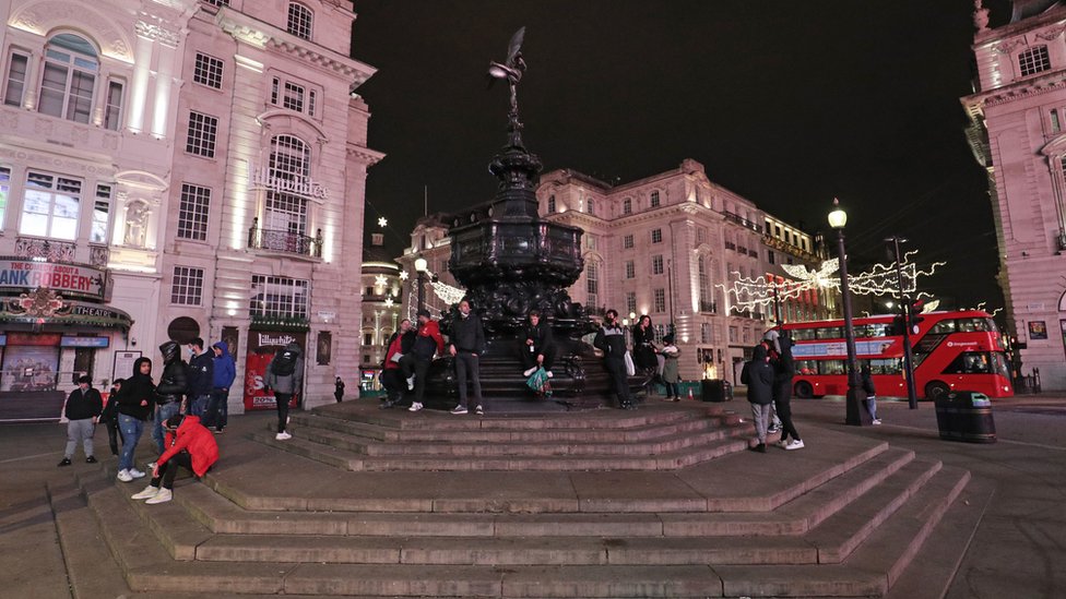 The statue of Eros in Piccadilly Circus in London, as London"s New Year"s Eve fireworks display has been cancelled due to the coronavirus pandemic.