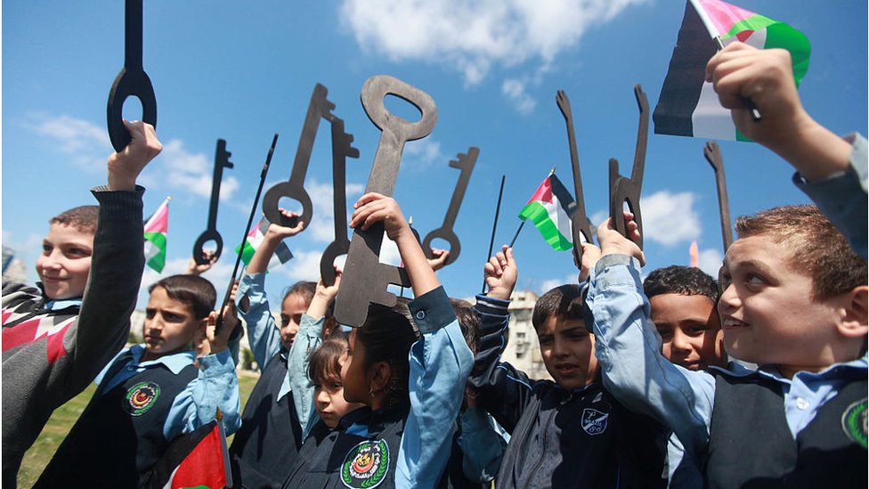 Niños palestinos sosteniendo llaves de cartón en un día de la Nakba.