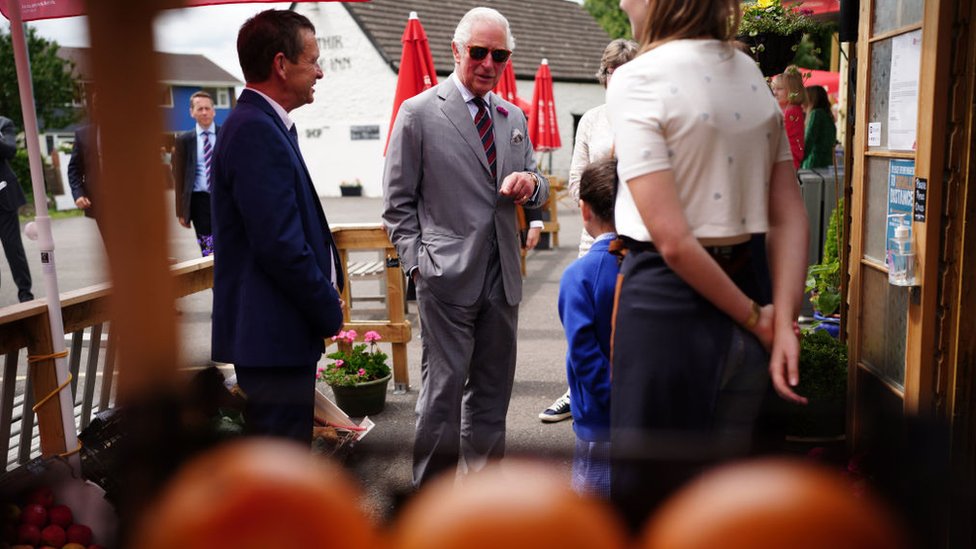 Prince Charles met staff from the community shop located outside the Ponthir House Inn