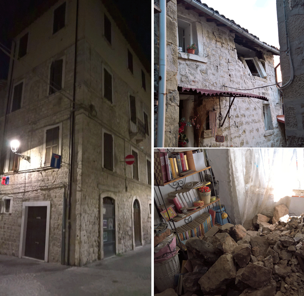 Составное изображение, показывающее неповрежденное здание Джорджио (L), в то время как дом его матери Маддалены был сильно поврежден