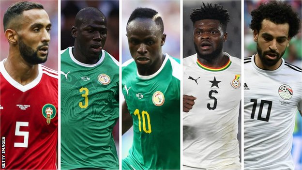 المرشحون (من اليسار إلى اليمين): مهدي بنعطية وكاليدو كوليبالي وساديو مانيه وتوماس بارتي ومحمد صلاح