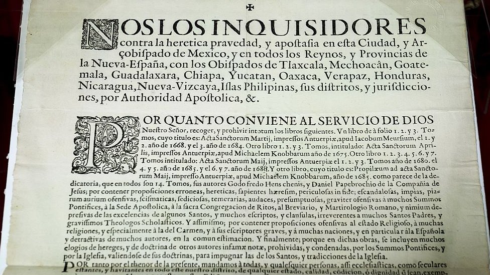 La Inquisición española contaba con tres tribunales en los territorios españoles en América, ubicados en México, Lima y Cartagena de Indias. Documento de las autoridades de la Inquisición en México