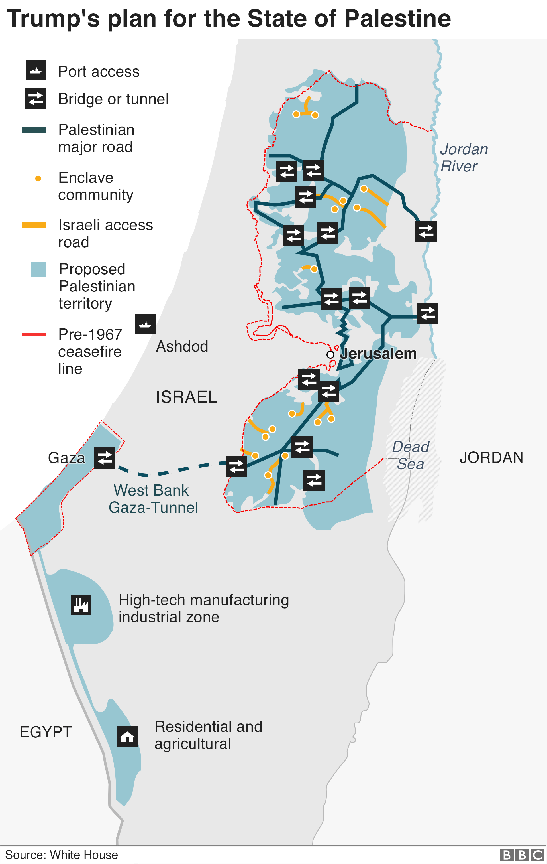 Карта, показывающая план Дональда Трампа по созданию Государства Палестина