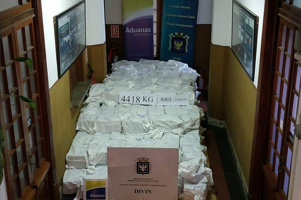 Uruguay's Navy shows cocaine seized at Montevideo's port on December 27, 2019