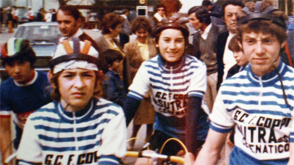 A young Marco Pantani with a group of other young riders in team kit before a cycle race near Rimini