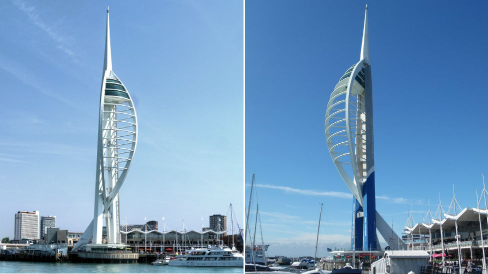 Башня спинакера в оригинальном белом (слева) и современном синем и золотом дизайне