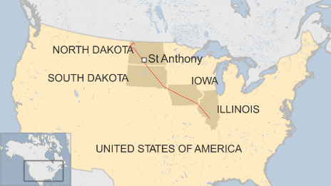На карте показан трубопровод, проходящий через Северную Дакоту, Южную Дакоту, Айову и Иллинойс, а также показан город Сент-Энтони, где прошли акции протеста