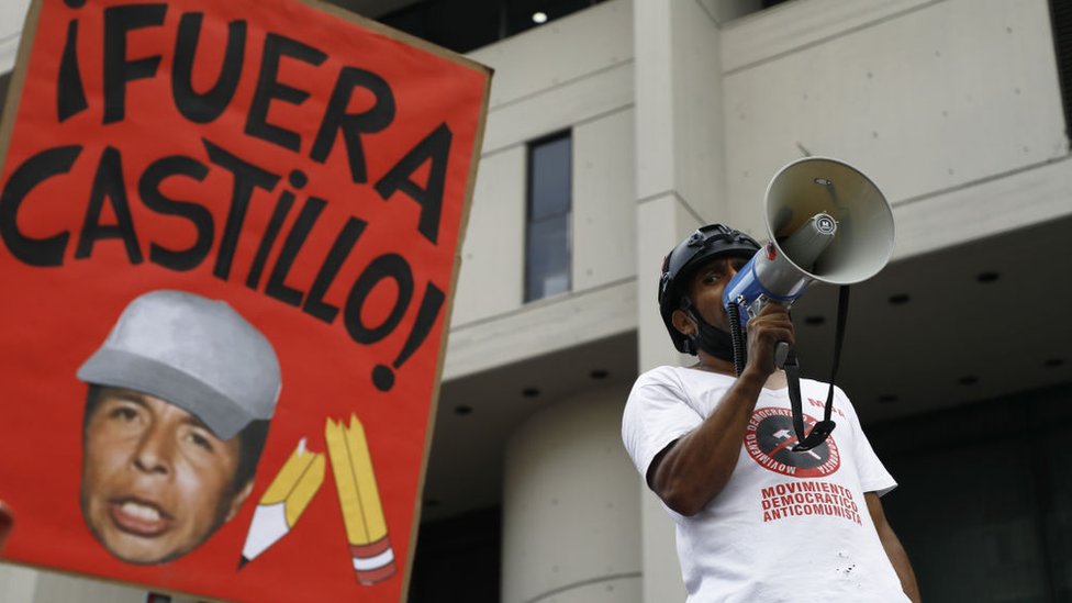 Cartaz de protesto onde se lê, em espanhol, Fora Castillo, ao lado de manifestante com megafone