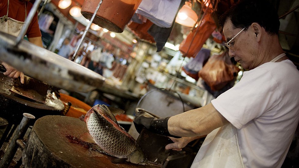 Hombre cortando pescado