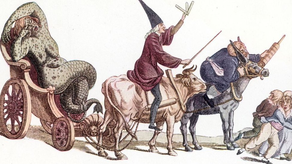 Uma caricatura francesa da História da Inoculação e Vacinação para a Prevenção e Tratamento de Doenças (c. 1800) - Uma mulher serpente reclina-se em uma carruagem enquanto vacinadores montam um touro e perseguem civis aterrorizados