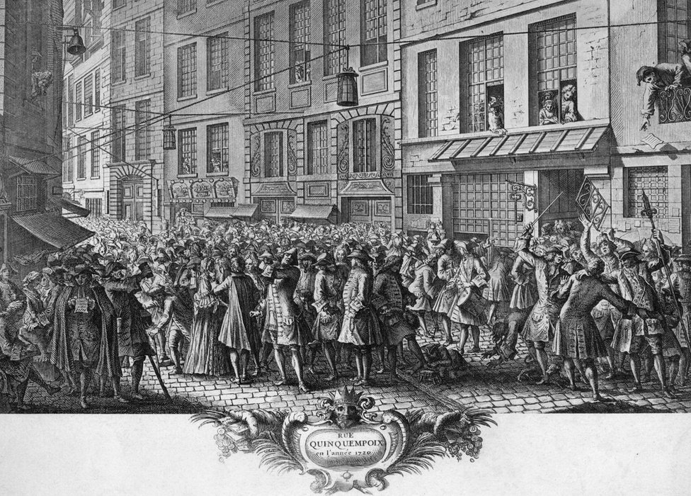 Ilustración de las escenas que se veían en la calle equivalente a Wall Street de París en el siglo XVIII, con gente peleándose por comprar acciones. Ilustración de las escenas que se veían en la calle equivalente a Wall Street de París en el siglo XVIII, con gente peleándose por comprar acciones.